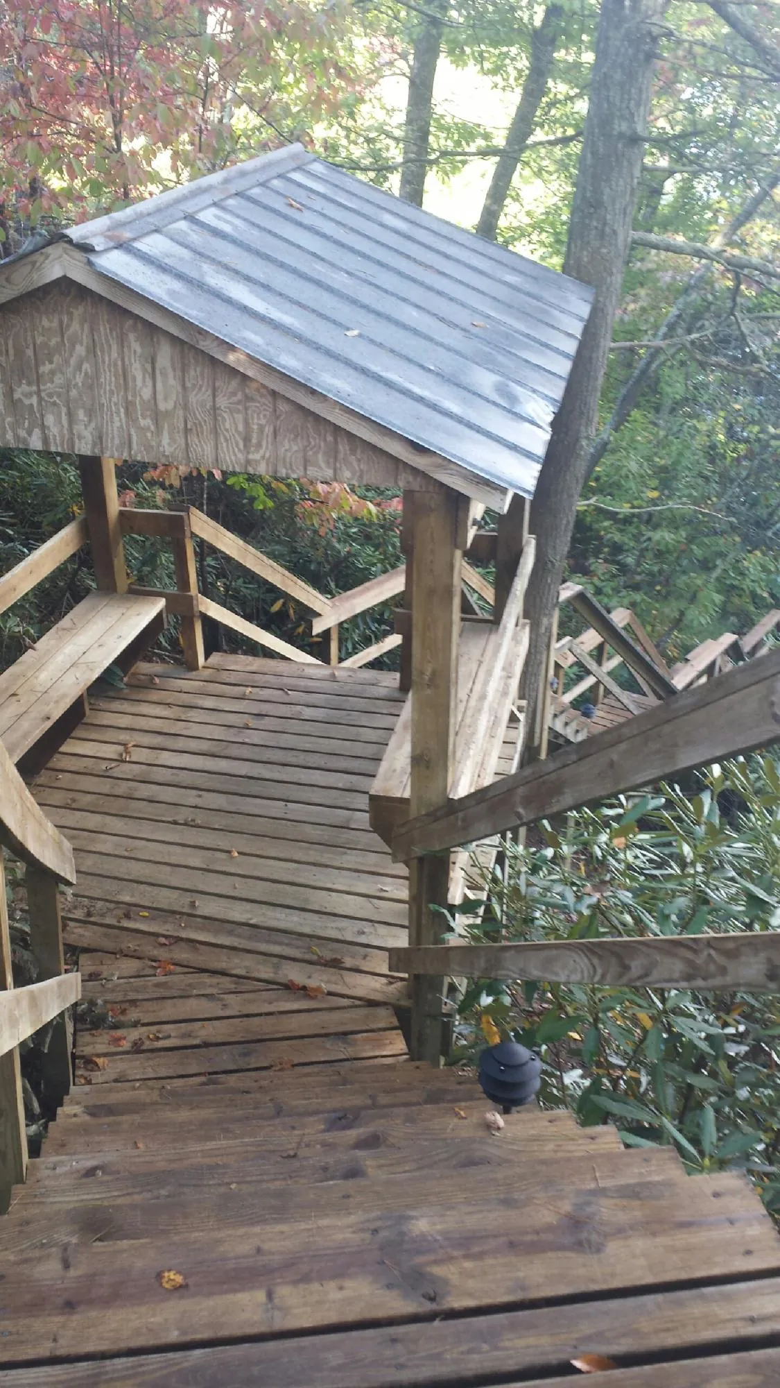 Metal roofed shelter over wooden steps on a wooded walkway — Skylight Repair & Installation work by our crew in Mooresboro
